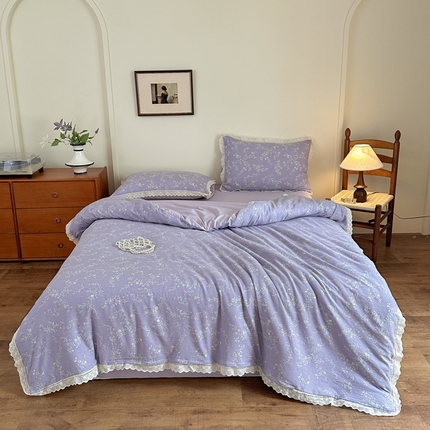 91家纺网 家纺一手货源 找家纺 一霖家纺 2025新款云感双层纱花边款四件套 紫韵