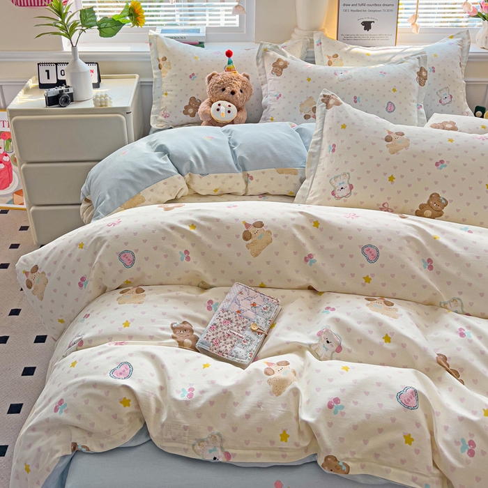 91家纺网 家纺一手货源 找家纺 依庭 2025新款全棉印花花卉款四件套单品系列-四件套 芋泥小狗