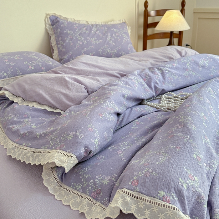 91家纺网 家纺一手货源 找家纺 一霖家纺 2025新款云感双层纱花边款四件套 紫韵