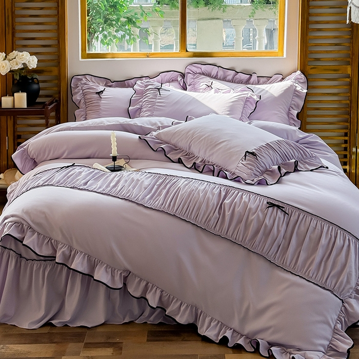 91家纺网 家纺一手货源 找家纺 2025秋冬新款A类母婴级法式风忆棉床裙床笠四件套 琉眠-木槿紫