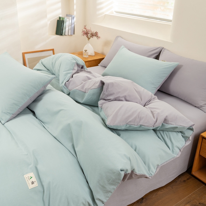 91家纺网 家纺一手货源 找家纺 居美良品 2025新款100%全棉色织水洗棉四件套 兰青-灰