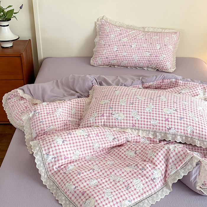 91家纺网 家纺一手货源 找家纺 一霖家纺 2025新款云感双层纱花边款四件套 粉色小猫