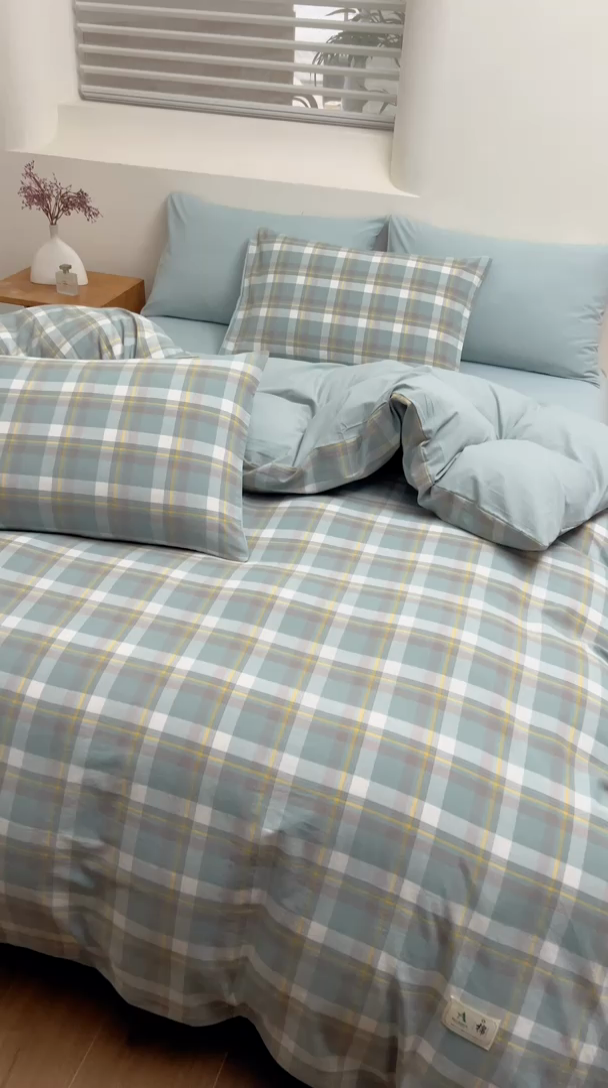 91家纺网 家纺一手货源 找家纺 居美良品 2025新款100%全棉色织水洗棉四件套 静雅-绿