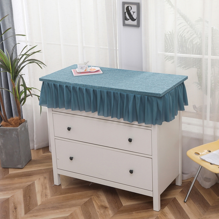 91家纺网 家纺一手货源 找家纺 2025新款防尘防滑斗柜套裙边-小树叶系列 水蓝