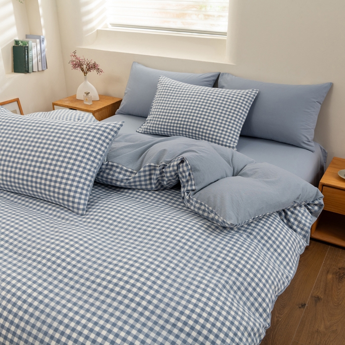 91家纺网 家纺一手货源 找家纺 居美良品 2025新款100%全棉色织水洗棉四件套 蓝小格