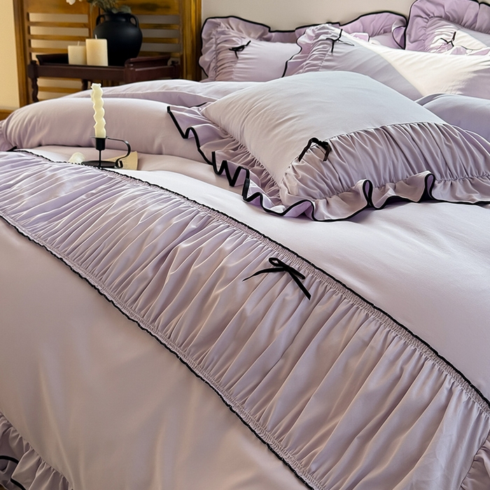 91家纺网 家纺一手货源 找家纺 2025秋冬新款A类母婴级法式风忆棉床裙床笠四件套 琉眠-木槿紫