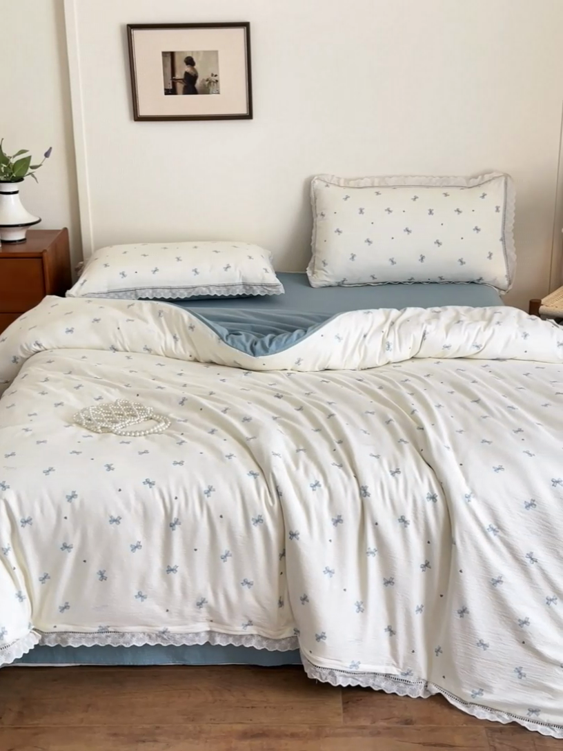 91家纺网 家纺一手货源 找家纺 一霖家纺 2025新款云感双层纱花边款四件套 蝴蝶结