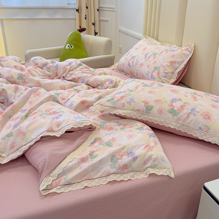 91家纺网 家纺一手货源 找家纺 竹合家纺 2025新款云感皱皱四件套-镂空花边款法式 花边款-若欢