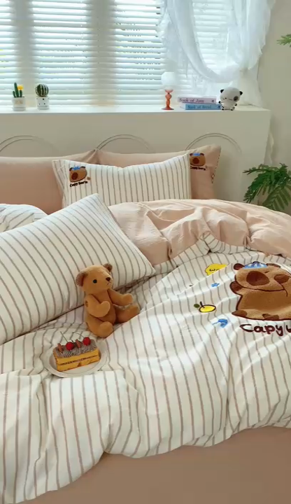 91家纺网 家纺一手货源 找家纺 徕米家居  2025新款色织全棉水洗棉毛巾绣四件套 条纹卡皮巴拉