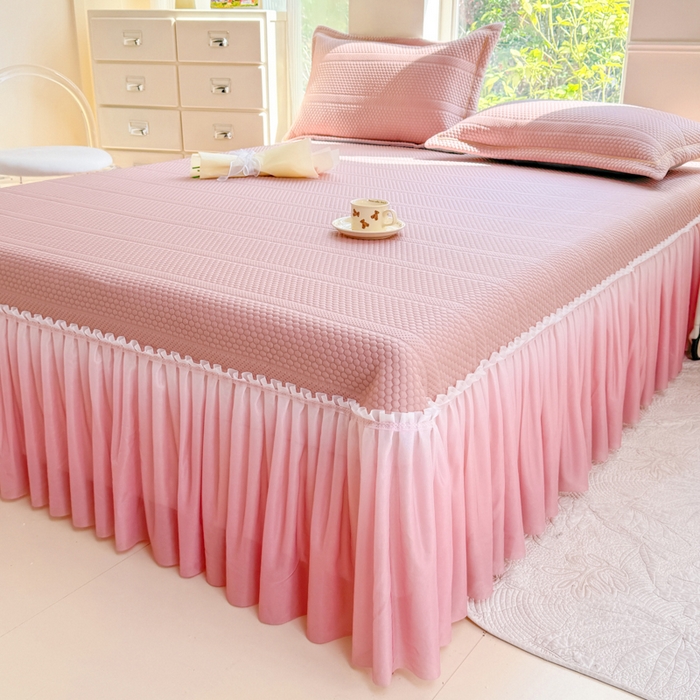 91家纺网 家纺一手货源 找家纺 慧菲 2025新款渐变床裙PE高分子凉感席床裙凉席三件套  少女粉