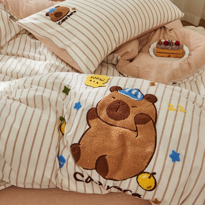 91家纺网 家纺一手货源 找家纺 徕米家居  2025新款色织全棉水洗棉毛巾绣四件套 条纹卡皮巴拉