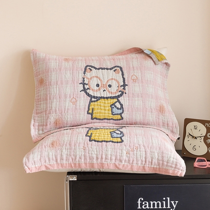 2025新款纯棉全棉纱布枕巾一对装全棉四层纱布 文艺小猫