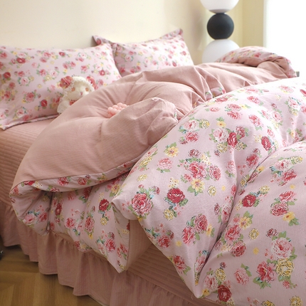 人人爱家纺 2025新款皱皱纱床盖四件套 玫瑰花园-红