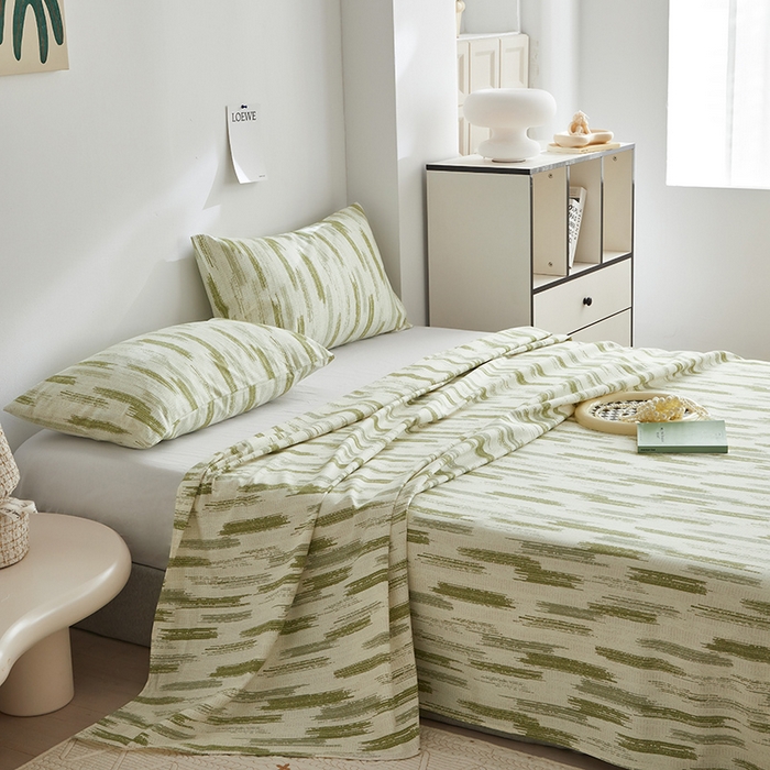 91家纺网 家纺一手货源 找家纺 怡家居 2025新款全棉老粗布床单床笠三件套 时空-绿