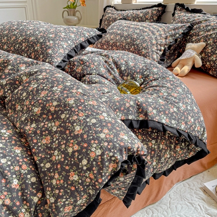 优选良品 2025新款直播热款赫本风皱皱双层纱花边款针织皱皱纱法式印花吊边床单三件套床笠四件套 晚香玉