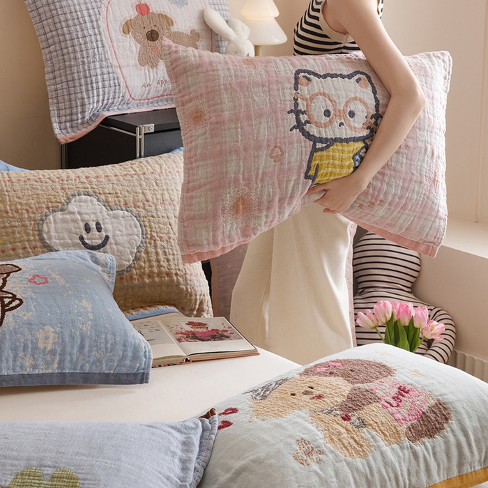 91家纺网 家纺一手货源 找家纺 2025新款纯棉全棉纱布枕巾一对装全棉四层纱布 组合