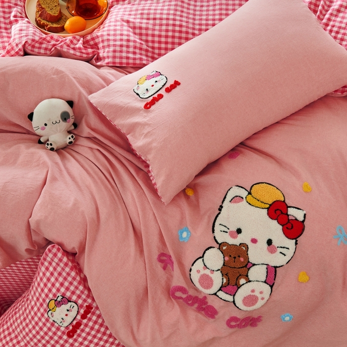 91家纺网 家纺一手货源 找家纺 徕米家居  2025新款色织全棉水洗棉毛巾绣四件套 开心KT