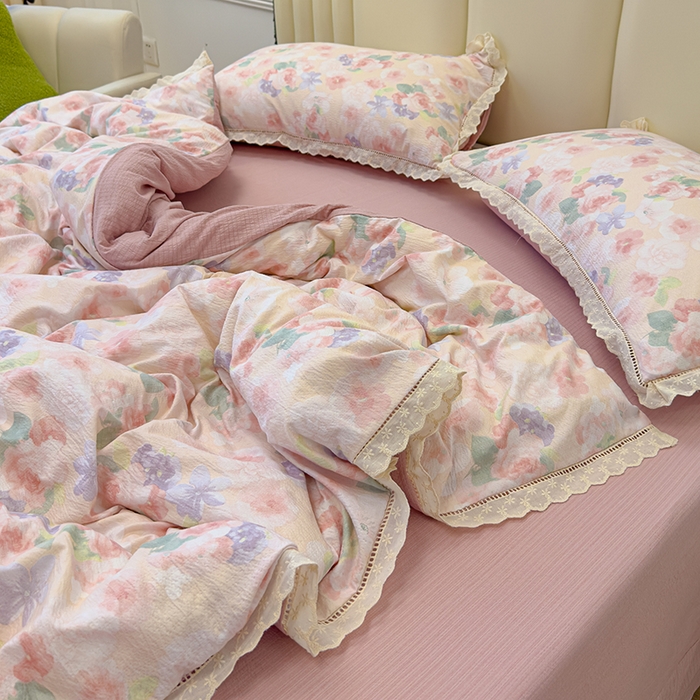 91家纺网 家纺一手货源 找家纺 竹合家纺 2025新款云感皱皱四件套-镂空花边款法式 花边款-若欢