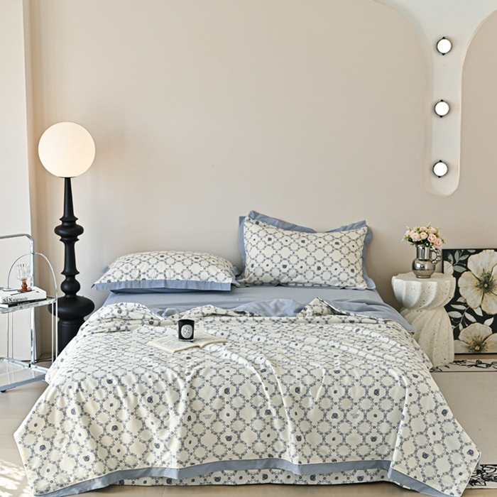 91家纺网 家纺一手货源 找家纺 金喜 2025新款天丝棉大豆印花夏凉被夏被四件套 蓝调