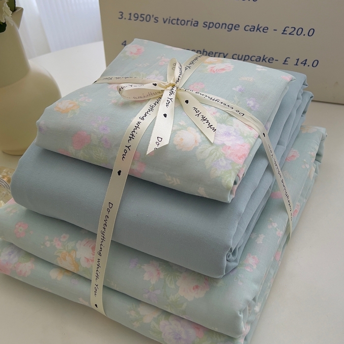 91家纺网 家纺一手货源 找家纺 优品阁 2025新款人字纹全棉双层纱四件套 蓝色恋人【升级款-提花人字纹床单】