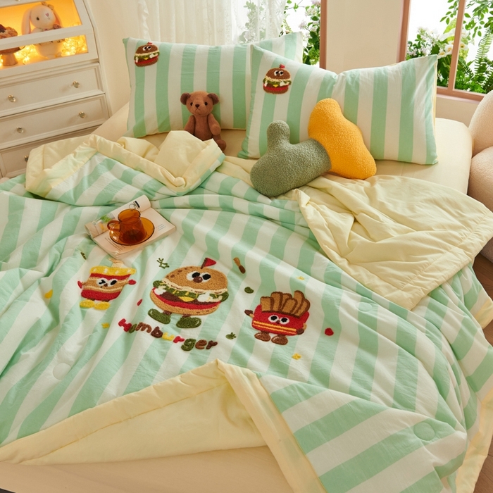 91家纺网 家纺一手货源 找家纺 2025新款色织全棉纯棉绣花单夏被夏凉被空调被 汉堡家族