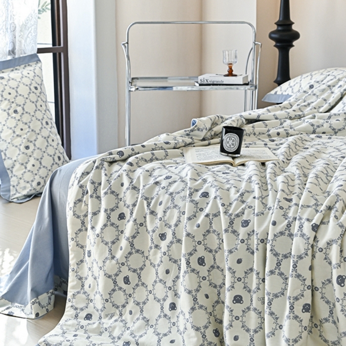 91家纺网 家纺一手货源 找家纺 金喜 2025新款天丝棉大豆印花夏凉被夏被四件套 蓝调