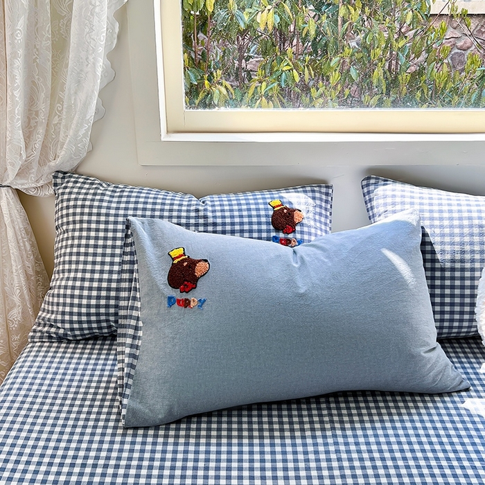 91家纺网 家纺一手货源 找家纺 徕米家居  2025新款色织全棉水洗棉毛巾绣四件套 奔跑小狗-蓝