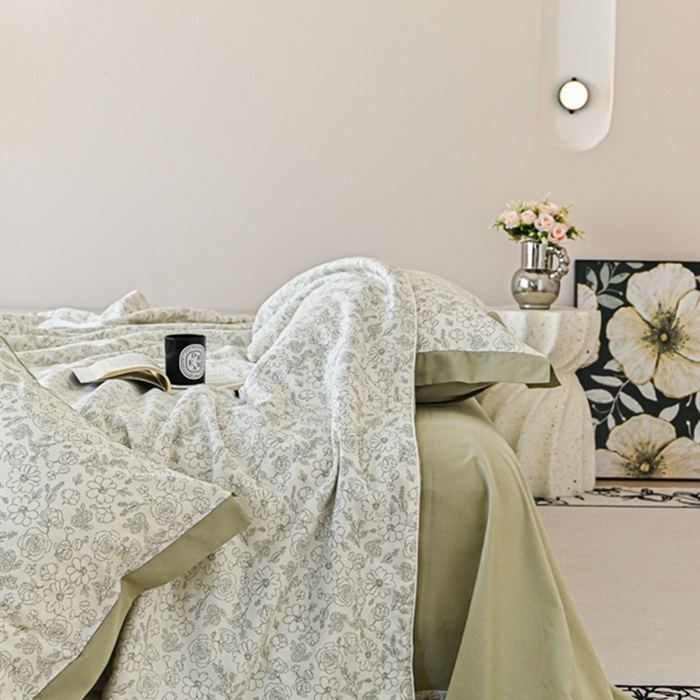 91家纺网 家纺一手货源 找家纺 金喜 2025新款天丝棉大豆印花夏凉被夏被四件套 墨花