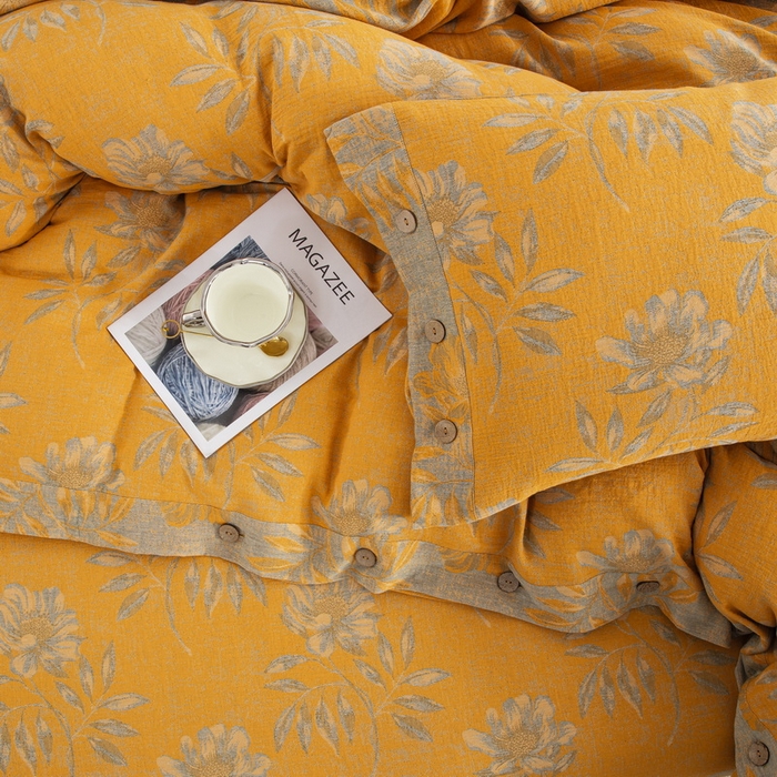 91家纺网 家纺一手货源 找家纺 鲁爱家纺供货 2025新款全棉色织双层纱纽扣款四件套 国色天香-栀子黄