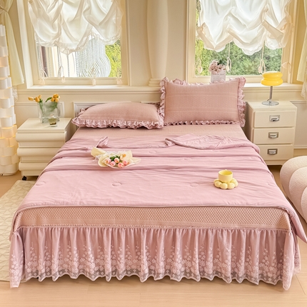 91家纺网 家纺一手货源 找家纺 慧菲  2025新款PE高分子凉感席床裙凉席三件套 【6-7斤】 粉豆沙