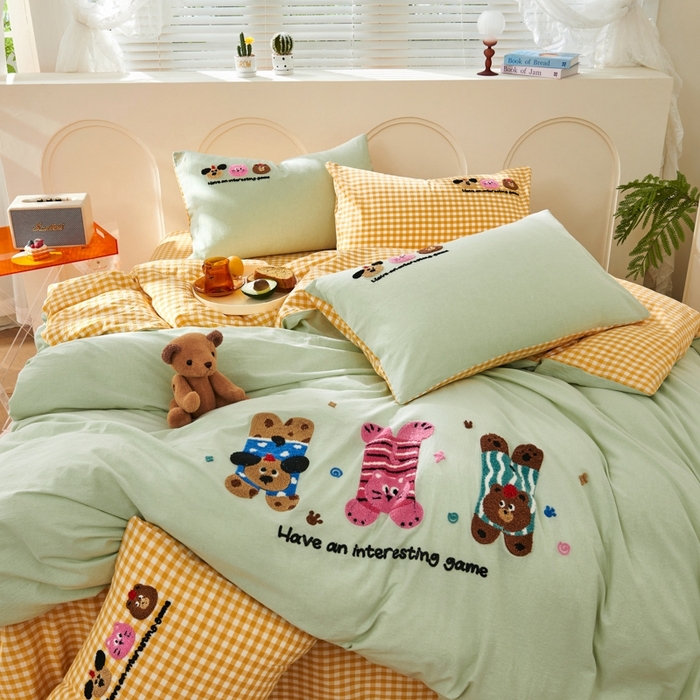 91家纺网 家纺一手货源 找家纺 徕米家居  2025新款色织全棉水洗棉毛巾绣四件套 顽皮狗