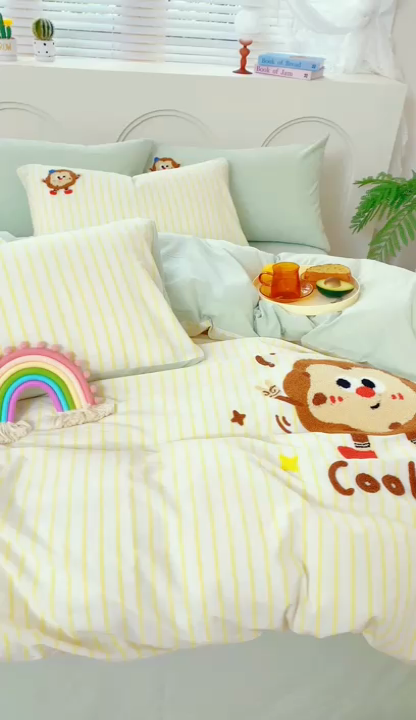 91家纺网 家纺一手货源 找家纺 徕米家居  2025新款色织全棉水洗棉毛巾绣四件套 条纹曲奇