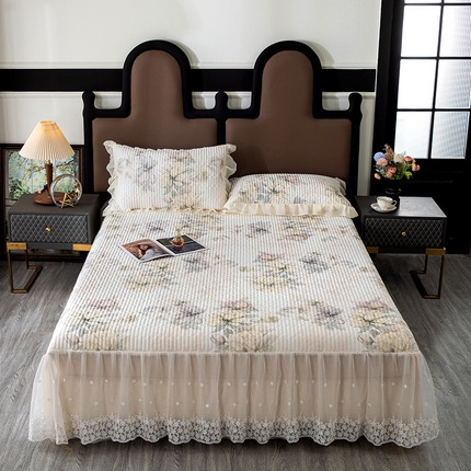 木兰花2025新款高密凉感丝印花夹棉床裙款凉席三件套 卡梅尔-绿