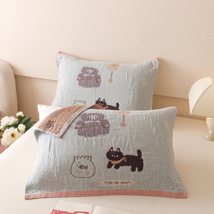 2025新款纯棉全棉纱布枕巾一对装全棉四层纱布 小猫吃鱼