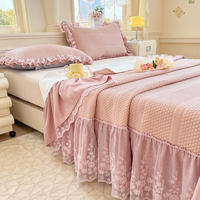 91家纺网 家纺一手货源 找家纺 慧菲  2025新款PE高分子凉感席床裙凉席三件套 【6-7斤】 粉豆沙