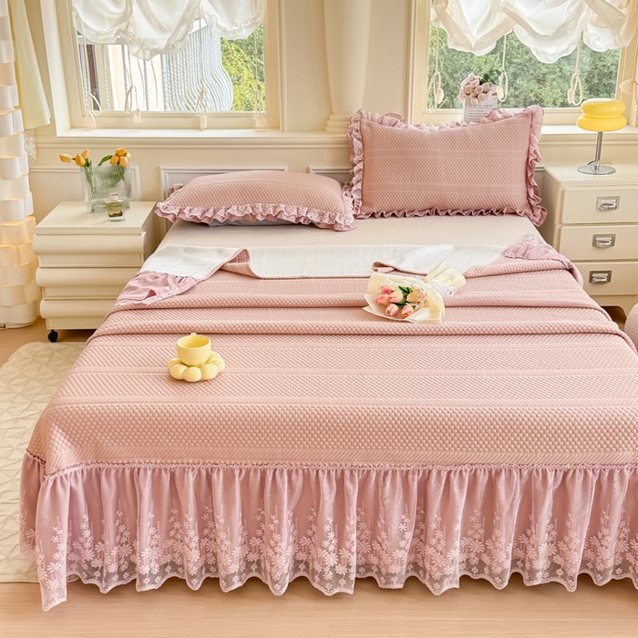 91家纺网 家纺一手货源 找家纺 慧菲  2025新款PE高分子凉感席床裙凉席三件套 【6-7斤】 粉豆沙