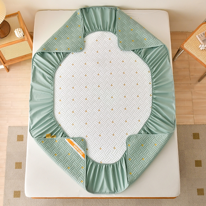 91家纺网 家纺一手货源 找家纺 鑫钰 2025新款防水隔尿全棉纯棉大豆夹棉刺绣床笠直播热款 鑫绣阁-薄荷绿（ 加强透气款 ）