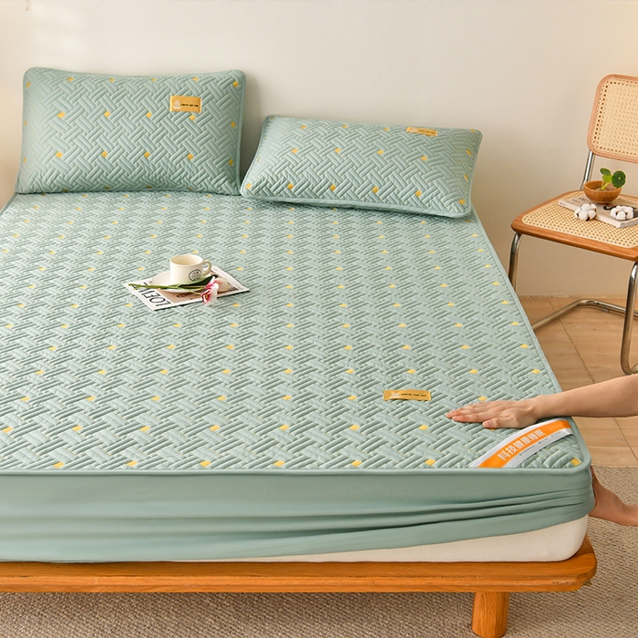 91家纺网 家纺一手货源 找家纺 鑫钰 2025新款防水隔尿全棉纯棉大豆夹棉刺绣床笠直播热款 鑫绣阁-薄荷绿（防水款）