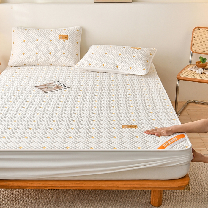 91家纺网 家纺一手货源 找家纺 鑫钰 2025新款防水隔尿全棉纯棉大豆夹棉刺绣床笠直播热款 鑫绣阁-优雅白（防水款）