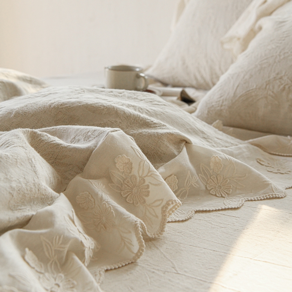 91家纺网 家纺一手货源 找家纺 简家居 2025新款亲肤舒适棉麻四件套 花时间