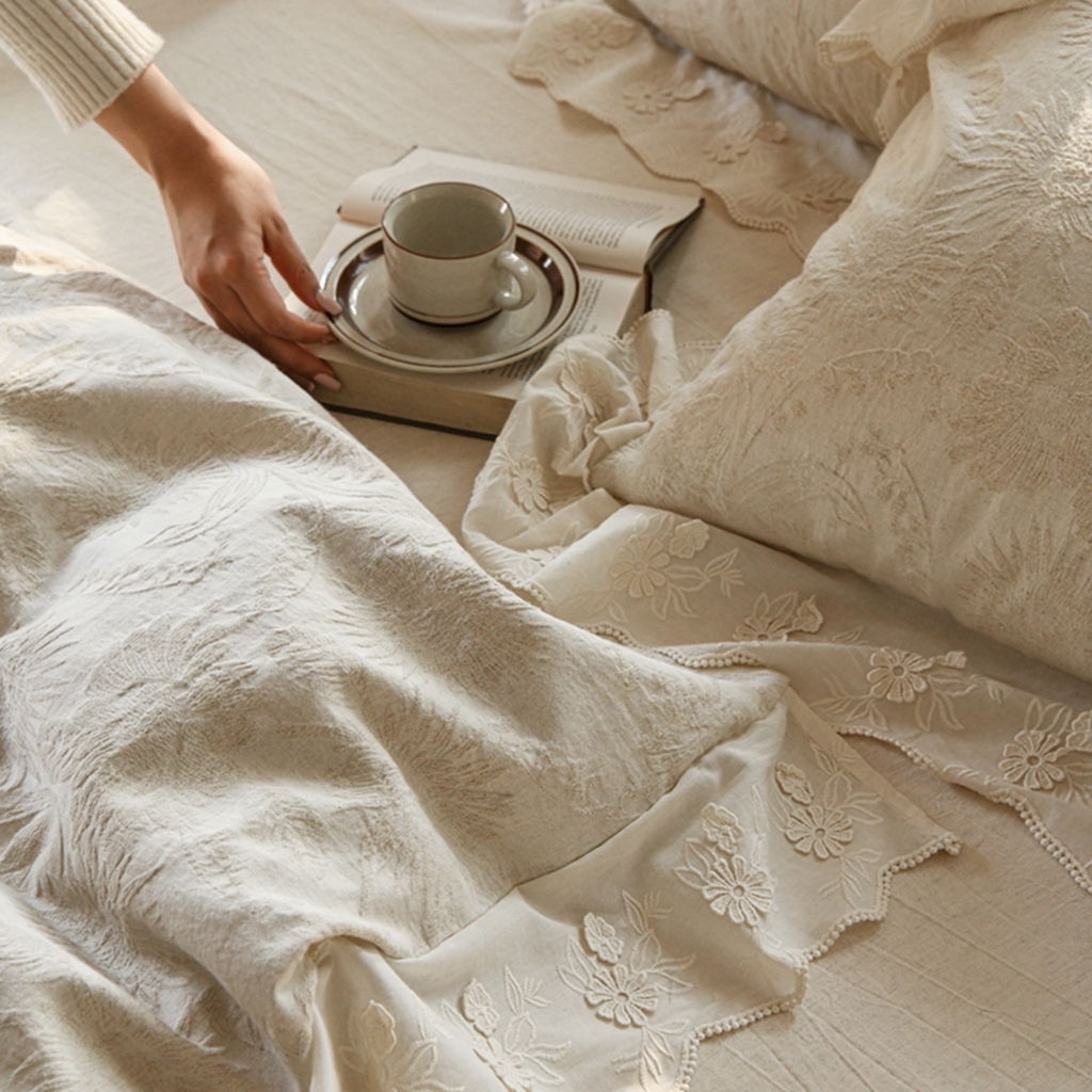 91家纺网 家纺一手货源 找家纺 简家居 2025新款亲肤舒适棉麻四件套 花时间