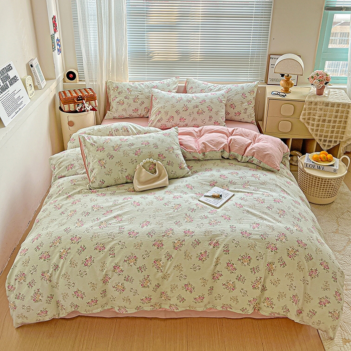 91家纺网 家纺一手货源 找家纺 金梦拉家纺 2025新款提花纱布棉双层纱皱皱纱四件套 薄荷初夏