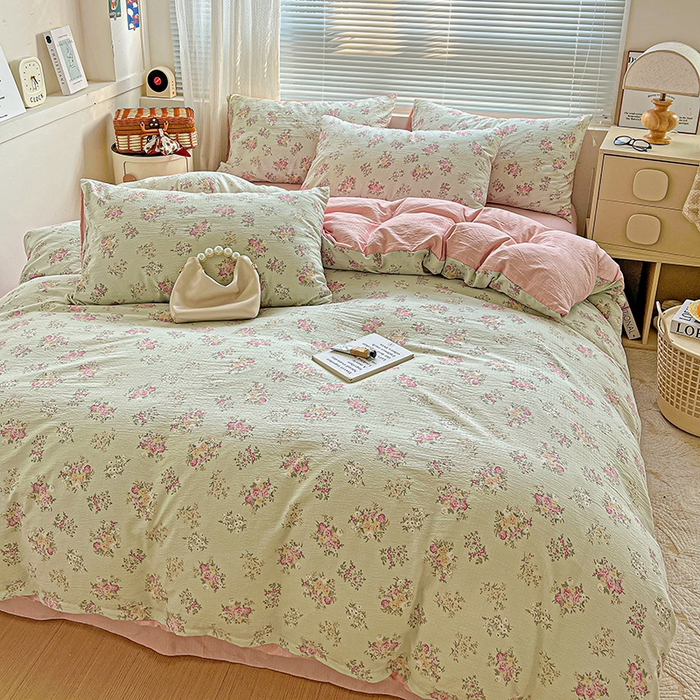 91家纺网 家纺一手货源 找家纺 金梦拉家纺 2025新款提花纱布棉双层纱皱皱纱四件套 薄荷初夏