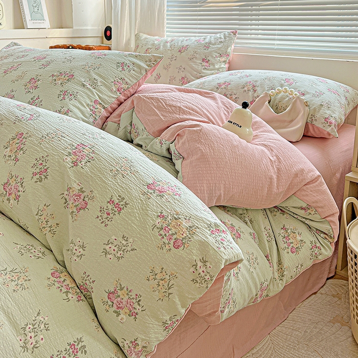 91家纺网 家纺一手货源 找家纺 金梦拉家纺 2025新款提花纱布棉双层纱皱皱纱四件套 薄荷初夏