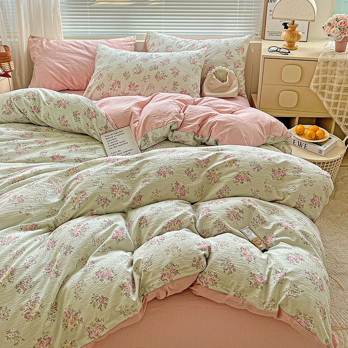 91家纺网 家纺一手货源 找家纺 金梦拉家纺 2025新款提花纱布棉双层纱皱皱纱四件套 薄荷初夏