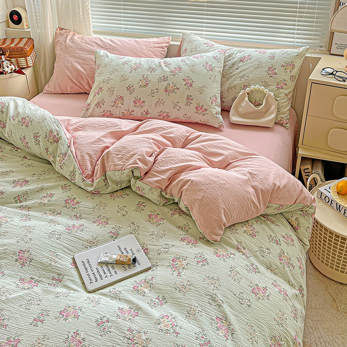 91家纺网 家纺一手货源 找家纺 金梦拉家纺 2025新款提花纱布棉双层纱皱皱纱四件套 薄荷初夏