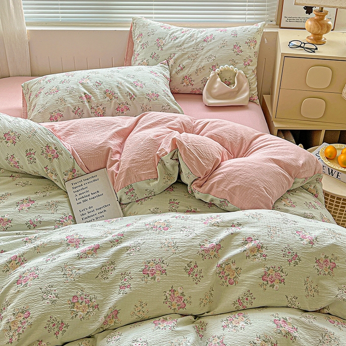 91家纺网 家纺一手货源 找家纺 金梦拉家纺 2025新款提花纱布棉双层纱皱皱纱四件套 薄荷初夏