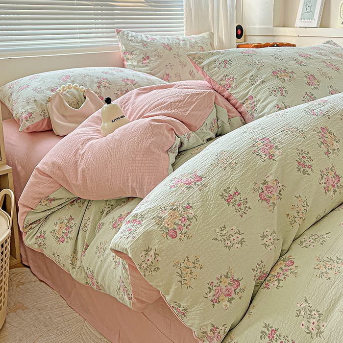 91家纺网 家纺一手货源 找家纺 金梦拉家纺 2025新款提花纱布棉双层纱皱皱纱四件套 薄荷初夏