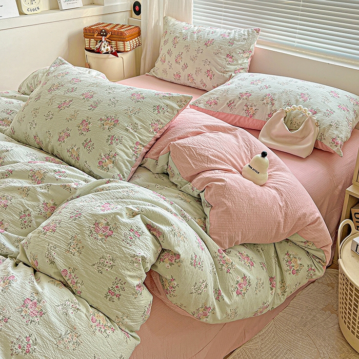 91家纺网 家纺一手货源 找家纺 金梦拉家纺 2025新款提花纱布棉双层纱皱皱纱四件套 薄荷初夏