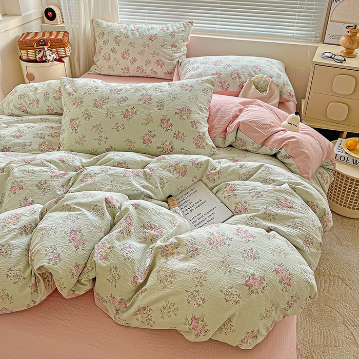 91家纺网 家纺一手货源 找家纺 金梦拉家纺 2025新款提花纱布棉双层纱皱皱纱四件套 薄荷初夏